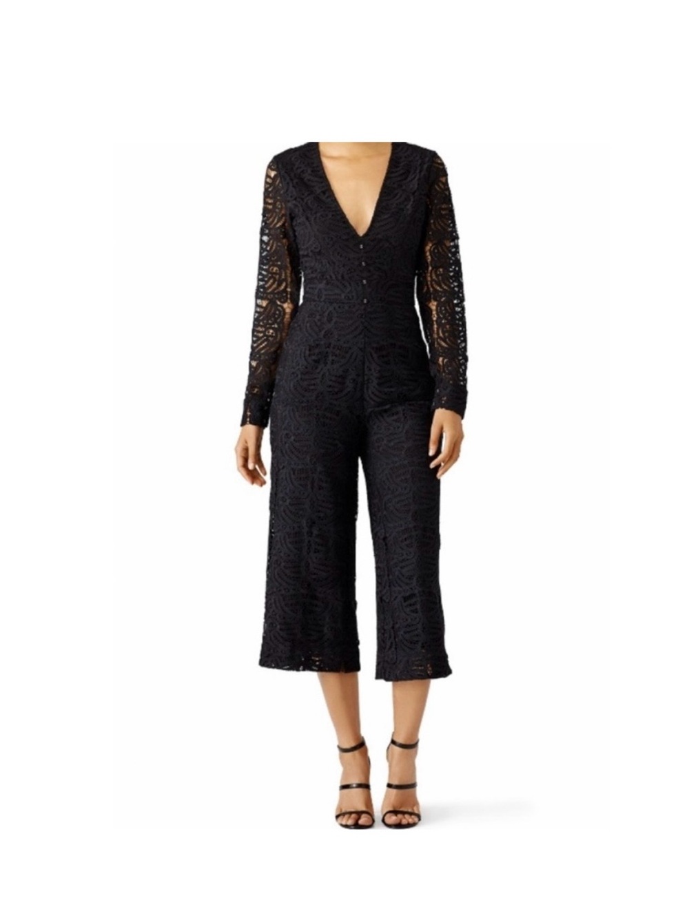 Tularosa Black Lace V-Neck Cropped Wide-Leg Jumpsuit Size L
